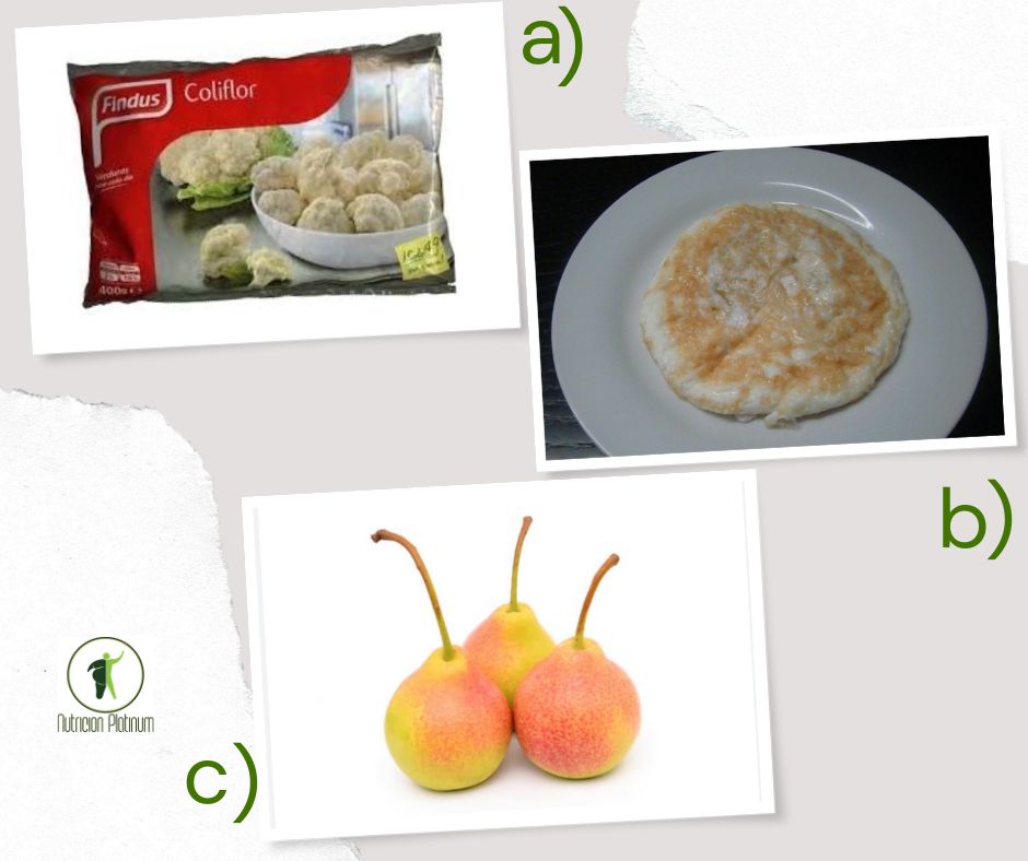 Coliflor con tortilla de claras y tres peras de san juan tamaño de puño.